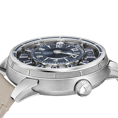 워치 전체 보기 } 땅부르 타이코 스핀 타임 에어 (Tambour Taiko Spin Time Air), 오토매틱, 42.5mm, 화이트 골드 | 루이비통 공식 온라인 스토어® (크게 보기)