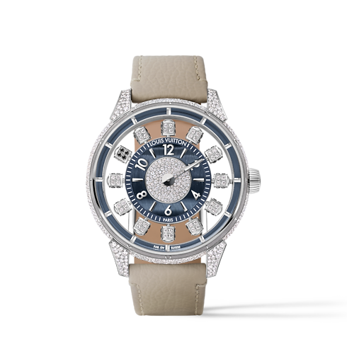 워치 전체 보기 } 땅부르 타이코 스핀 타임 에어 (Tambour Taiko Spin Time Air), 오토매틱, 42.5mm, 화이트 골드, 응안석과 다이아몬드 | 루이비통 공식 온라인 스토어® (크게 보기)