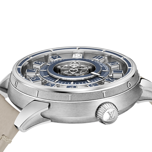 워치 전체 보기 } 땅부르 타이코 스핀 타임 에어 플라잉 투르비용 (Tambour Taiko Spin Time Air Flying Tourbillon), 오토매틱, 42.5mm, 화이트 골드 | 루이비통 공식 온라인 스토어® (크게 보기)