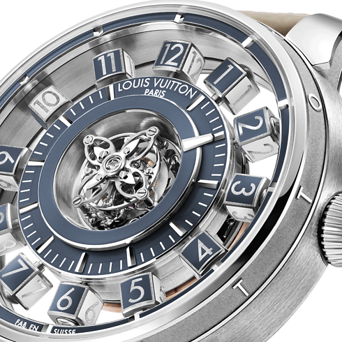 워치 전체 보기 } 땅부르 타이코 스핀 타임 에어 플라잉 투르비용 (Tambour Taiko Spin Time Air Flying Tourbillon), 오토매틱, 42.5mm, 화이트 골드 | 루이비통 공식 온라인 스토어® (크게 보기)