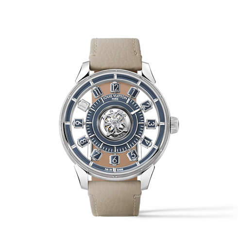 워치 전체 보기 } 땅부르 타이코 스핀 타임 에어 플라잉 투르비용 (Tambour Taiko Spin Time Air Flying Tourbillon), 오토매틱, 42.5mm, 화이트 골드 | 루이비통 공식 온라인 스토어® (크게 보기)