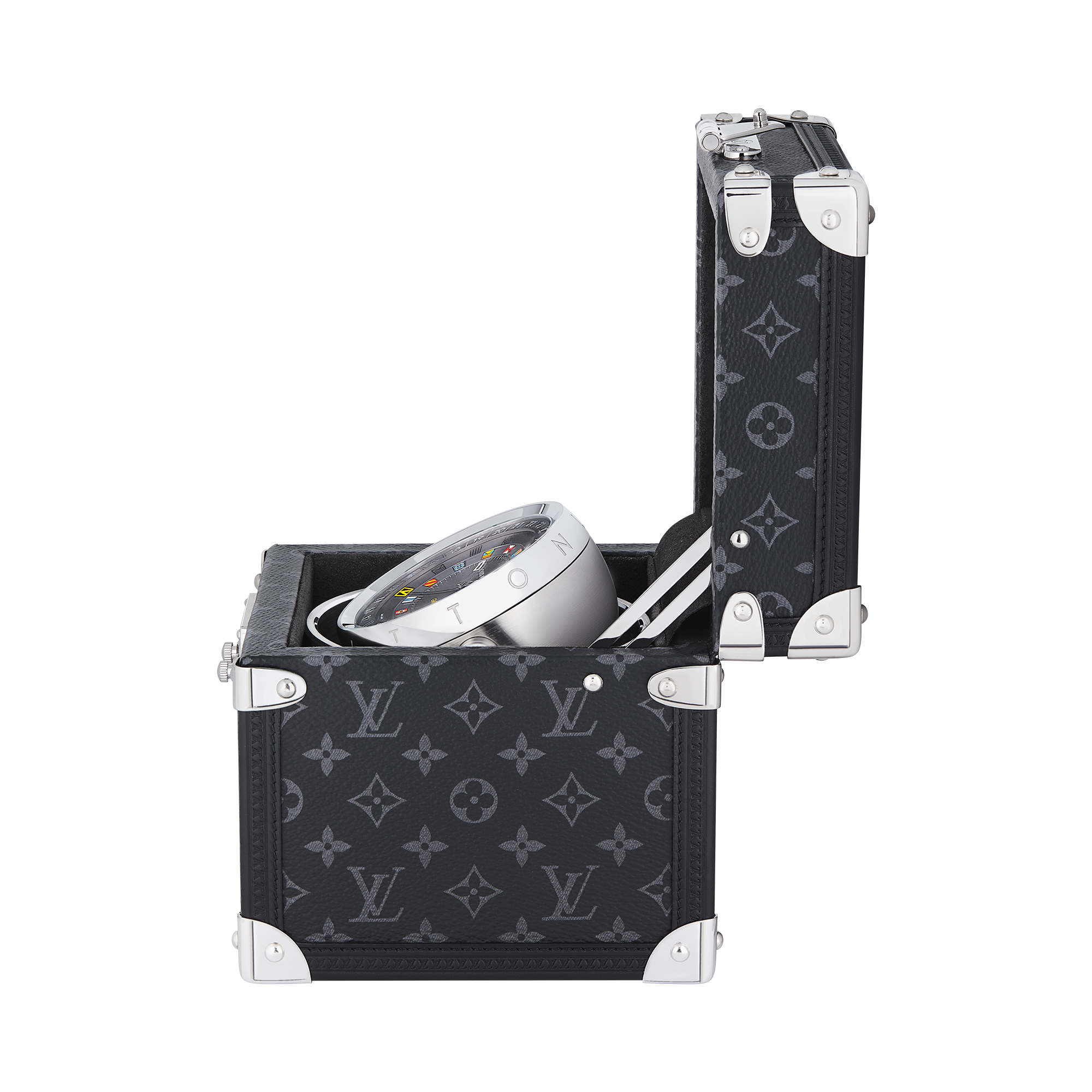  워치 전체보기 } 트렁크 테이블 클락, 쿼츠, 80mm, 스틸, 모노그램 이클립스 | 루이비통 공식 온라인 스토어® (크게 보기)